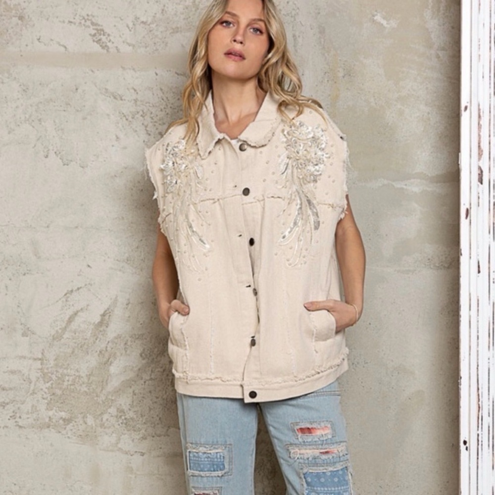POL Embellished Cream Women's Denim Vest